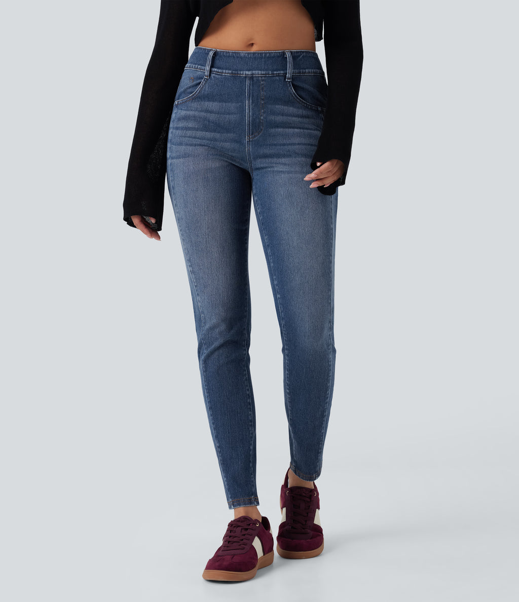 Mid Rise Washed Casual Skinny Jeans with Pockets — Tide Blue Denim — view 3