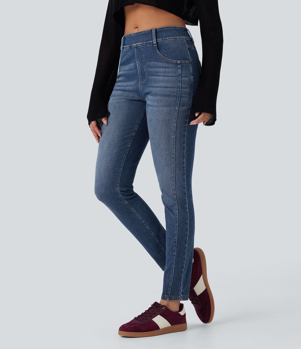 Mid Rise Washed Casual Skinny Jeans with Pockets — Tide Blue Denim — view 1