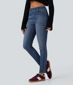 Mid Rise Washed Casual Skinny Jeans with Pockets — Tide Blue Denim — view 1