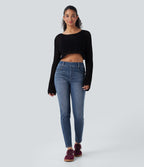 Mid Rise Washed Casual Skinny Jeans with Pockets — Tide Blue Denim — view 7
