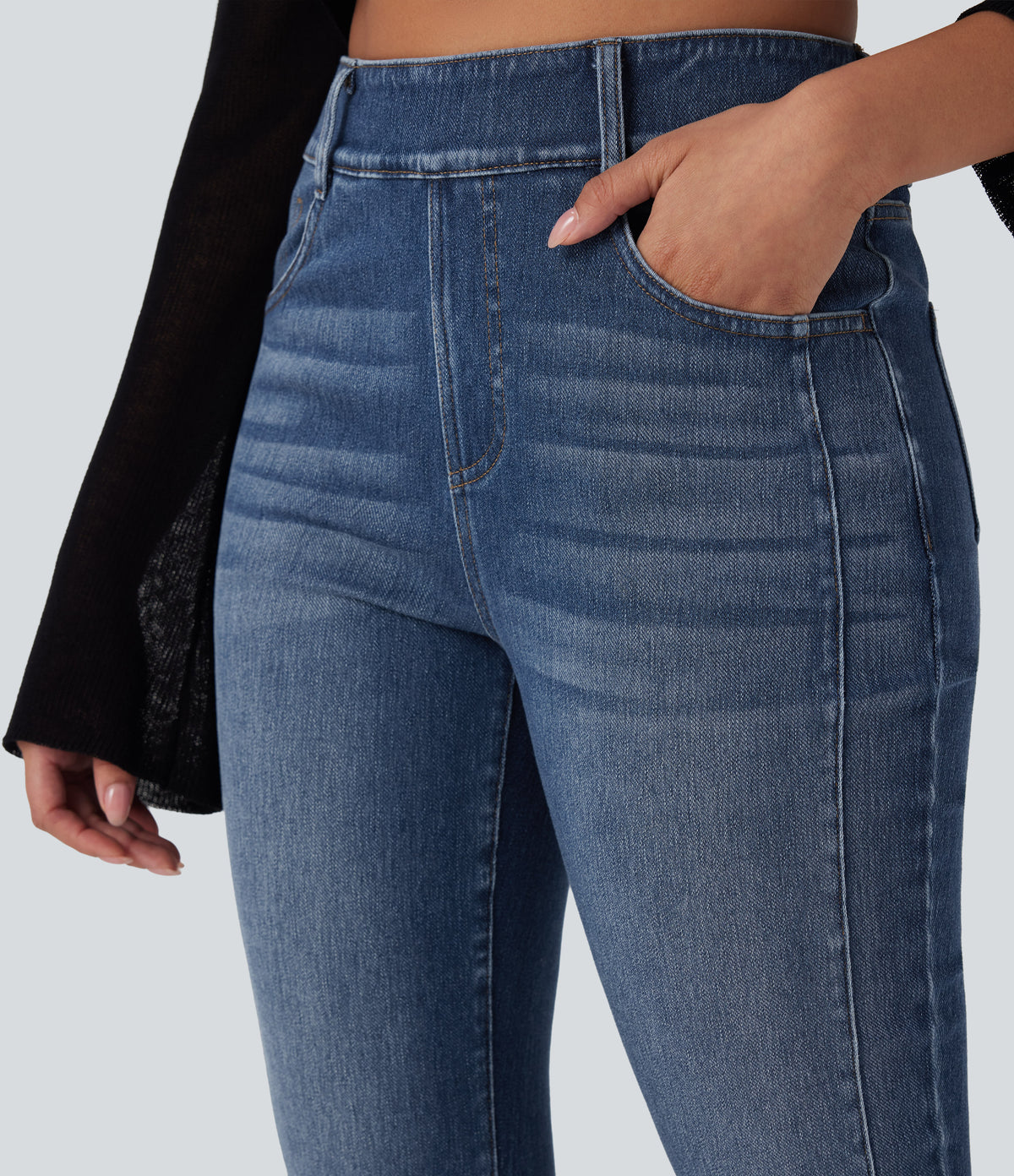Mid Rise Washed Casual Skinny Jeans with Pockets — Tide Blue Denim — view 4