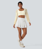 Plush Long Sleeve Contrast Mesh Cropped Capri Yoga Sports Top — Solitary Star — view 5