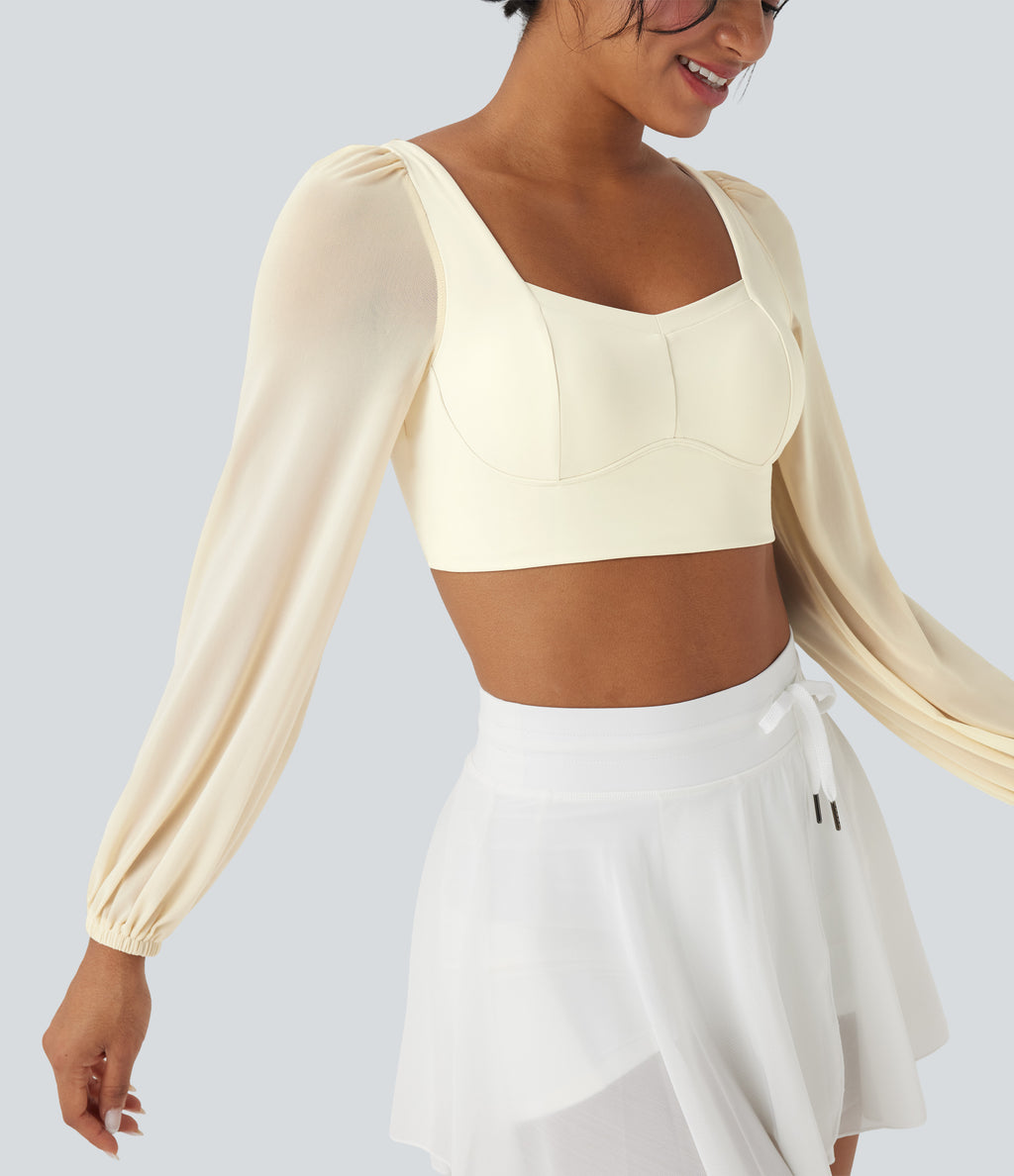 Plush Long Sleeve Contrast Mesh Cropped Capri Yoga Sports Top — Solitary Star — view 4