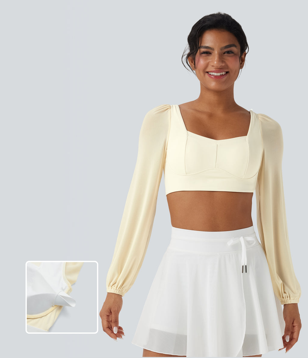 Plush Long Sleeve Contrast Mesh Cropped Capri Yoga Sports Top — Solitary Star — view 1