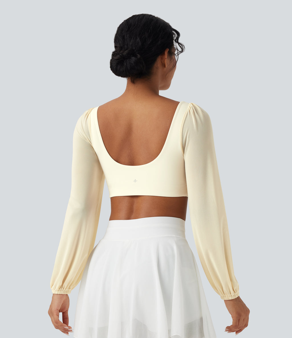 Plush Long Sleeve Contrast Mesh Cropped Capri Yoga Sports Top — Solitary Star — view 2