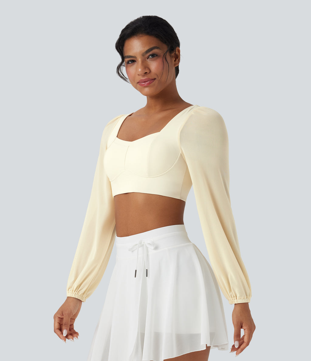 Plush Long Sleeve Contrast Mesh Cropped Capri Yoga Sports Top — Solitary Star — view 3