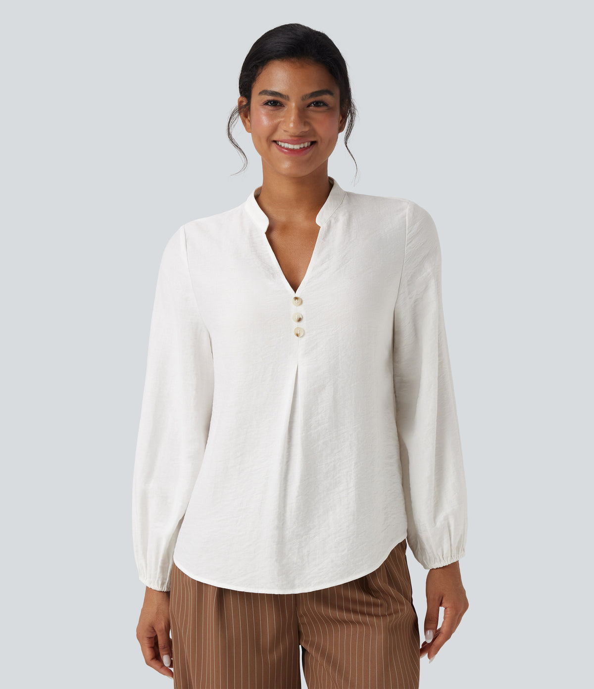 V Neck Long Sleeve Work Shirt — White — view 4