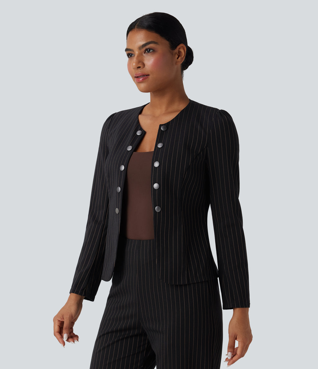 Round Neck Long Sleeve Open Front Work Blazer — Black Brown Black Pinstripe — view 3