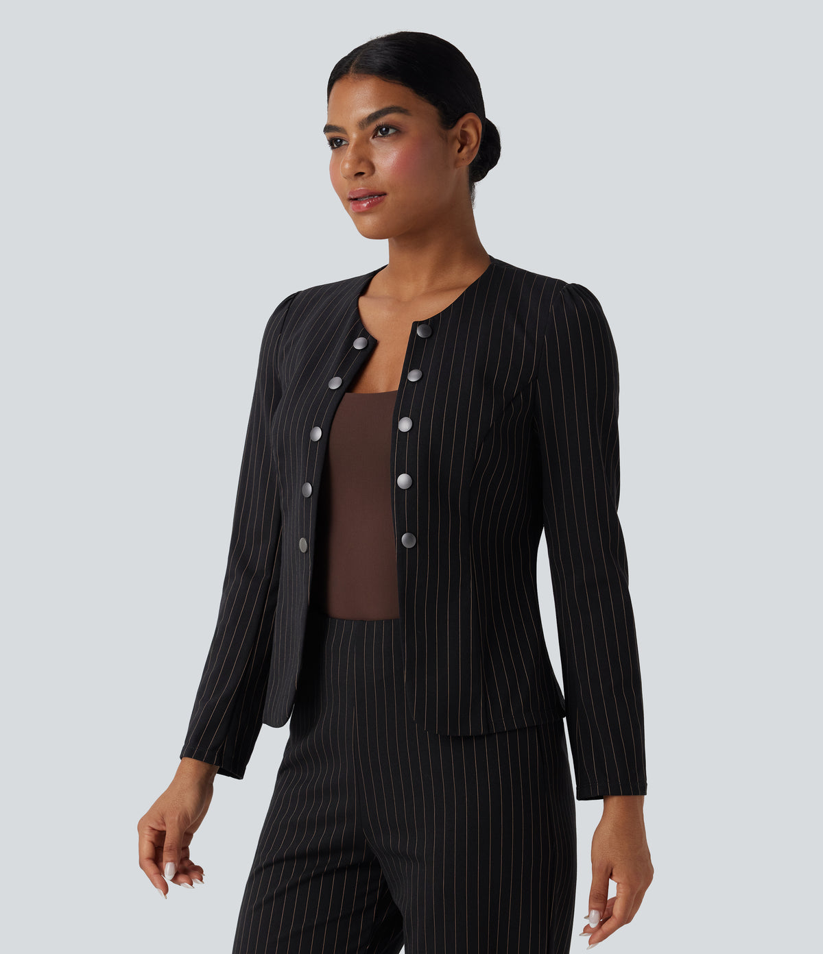 Round Neck Long Sleeve Open Front Work Blazer — Black Brown Black Pinstripe — view 3