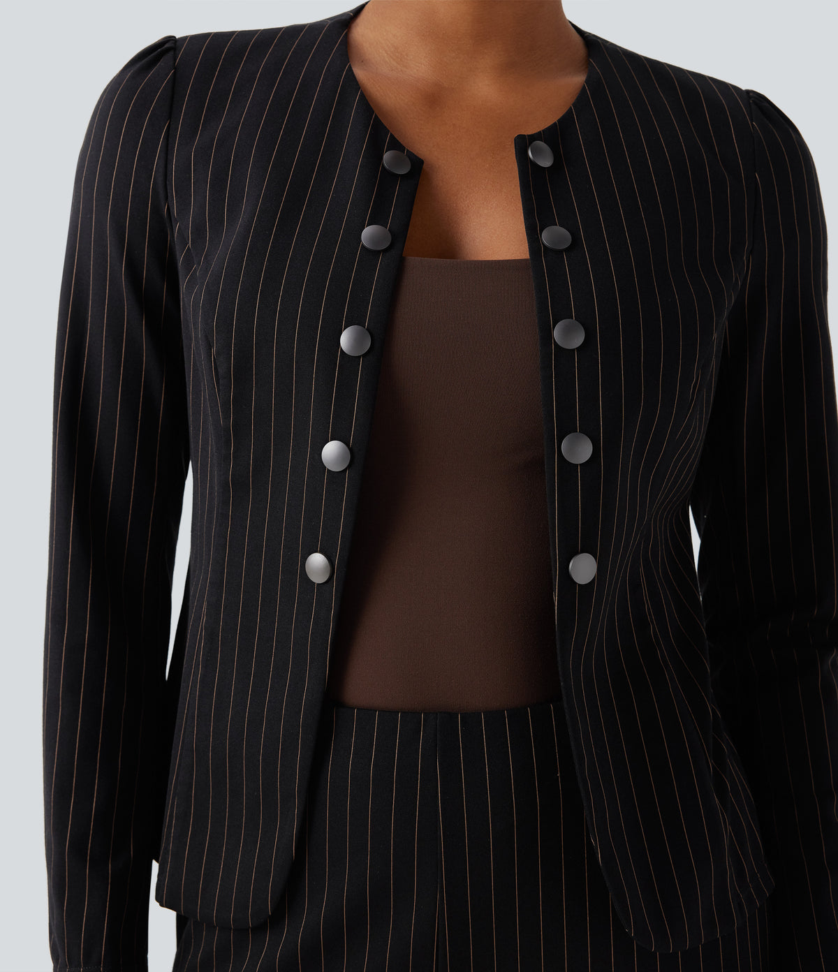 Round Neck Long Sleeve Open Front Work Blazer — Black Brown Black Pinstripe — view 4