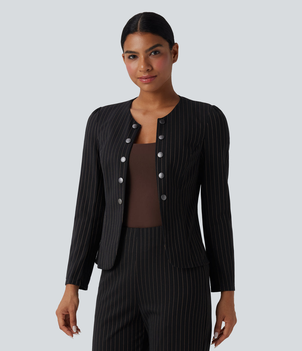 Round Neck Long Sleeve Open Front Work Blazer — Black Brown Black Pinstripe — view 1