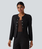Round Neck Long Sleeve Open Front Work Blazer — Black Brown Black Pinstripe — view 1