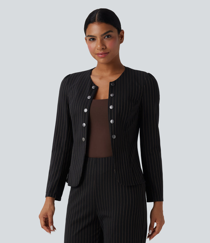Round Neck Long Sleeve Open Front Work Blazer — Black Brown Black Pinstripe — view 1