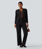 Round Neck Long Sleeve Open Front Work Blazer — Black Brown Black Pinstripe — view 5