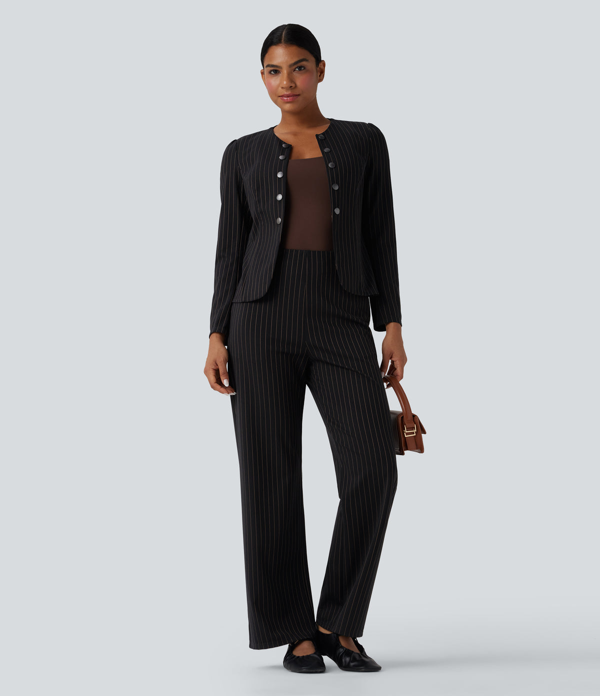 Round Neck Long Sleeve Open Front Work Blazer — Black Brown Black Pinstripe — view 5