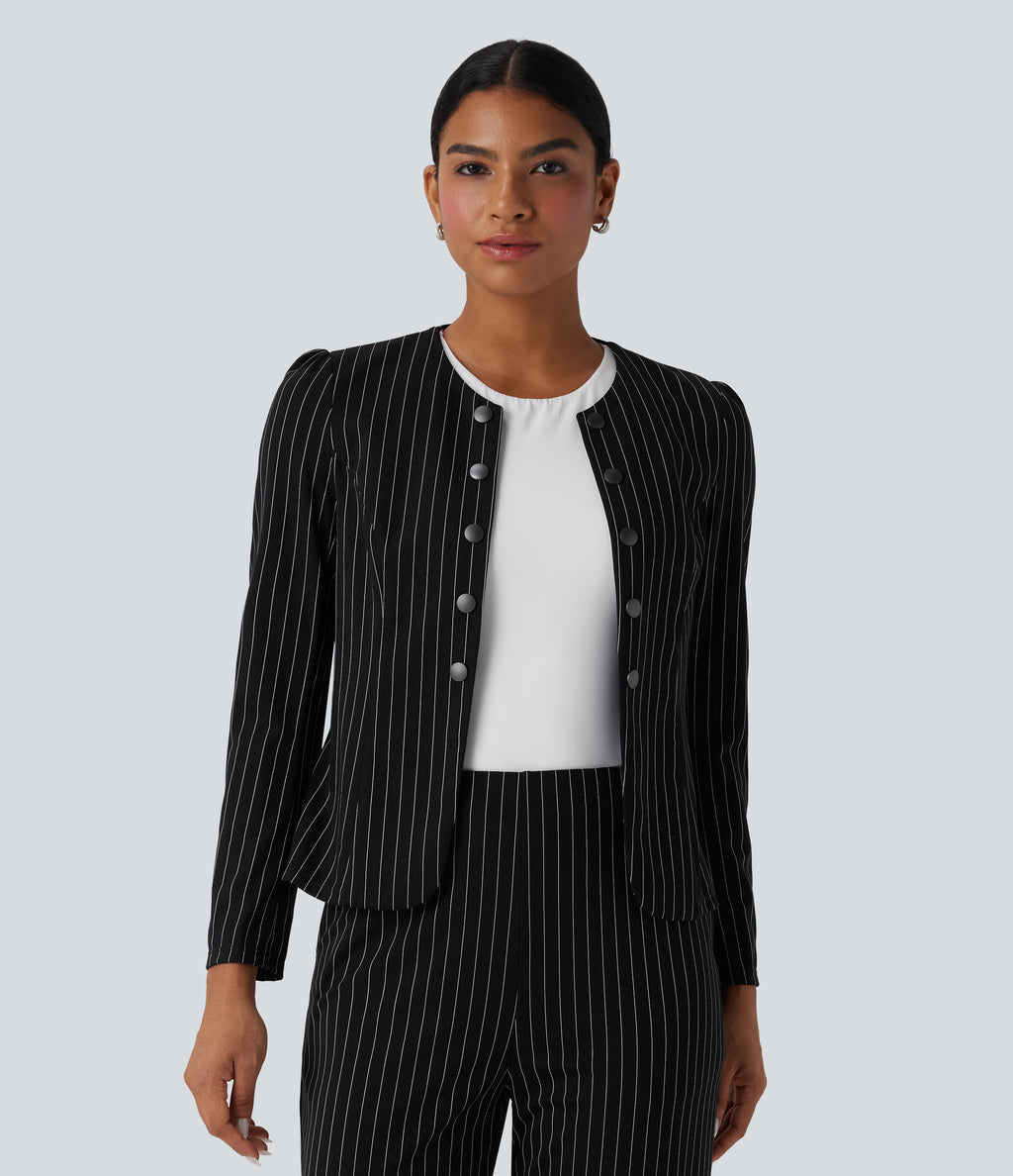 Round Neck Long Sleeve Open Front Work Blazer — Black White Pinstripe — view 6