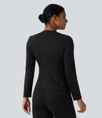 Round Neck Long Sleeve Open Front Work Blazer — Black Brown Black Pinstripe — view 2