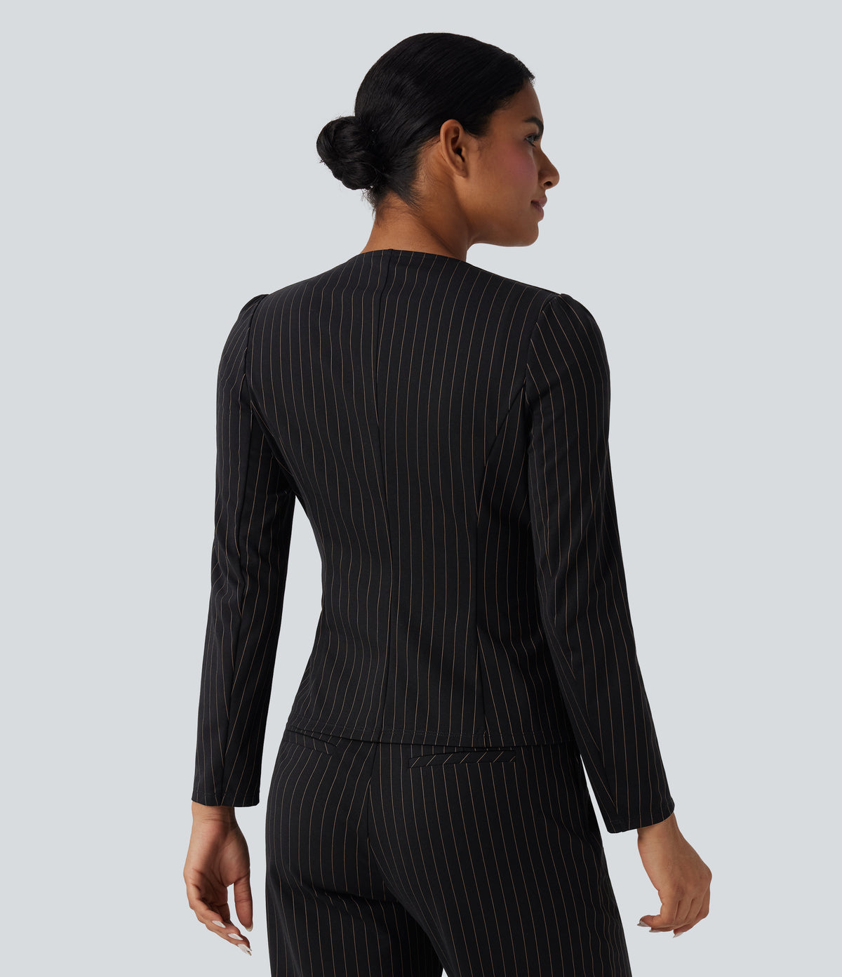 Round Neck Long Sleeve Open Front Work Blazer — Black Brown Black Pinstripe — view 2