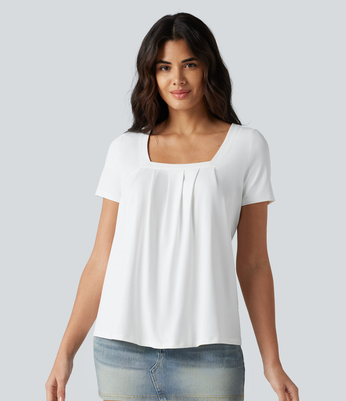 Square Neck Short Sleeve Casual Blouse — White — view 1