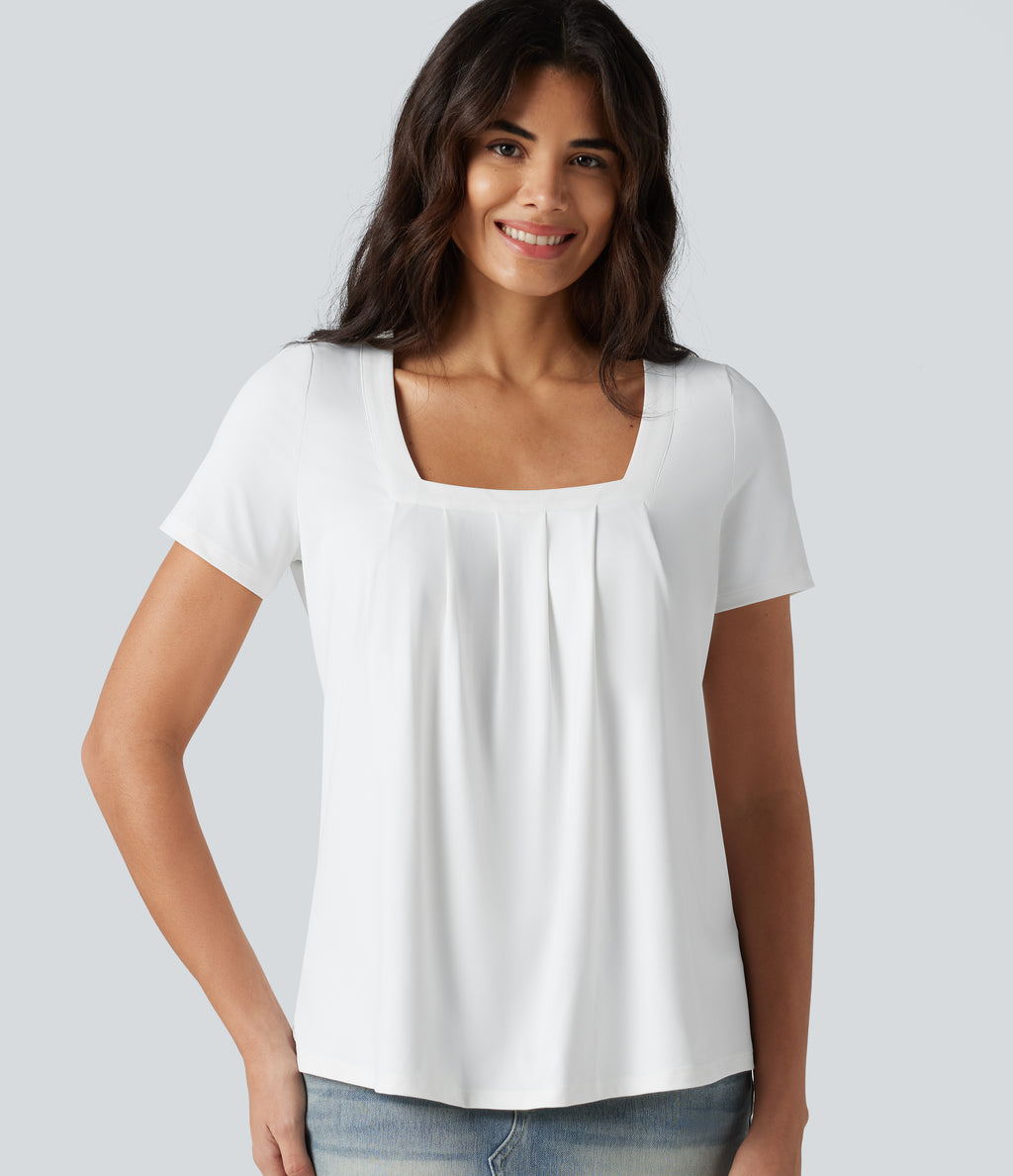 Square Neck Short Sleeve Casual Blouse — White — view 4