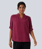 V Neck Long Sleeve Curved Hem Work Shirt — Beet Red — view 1