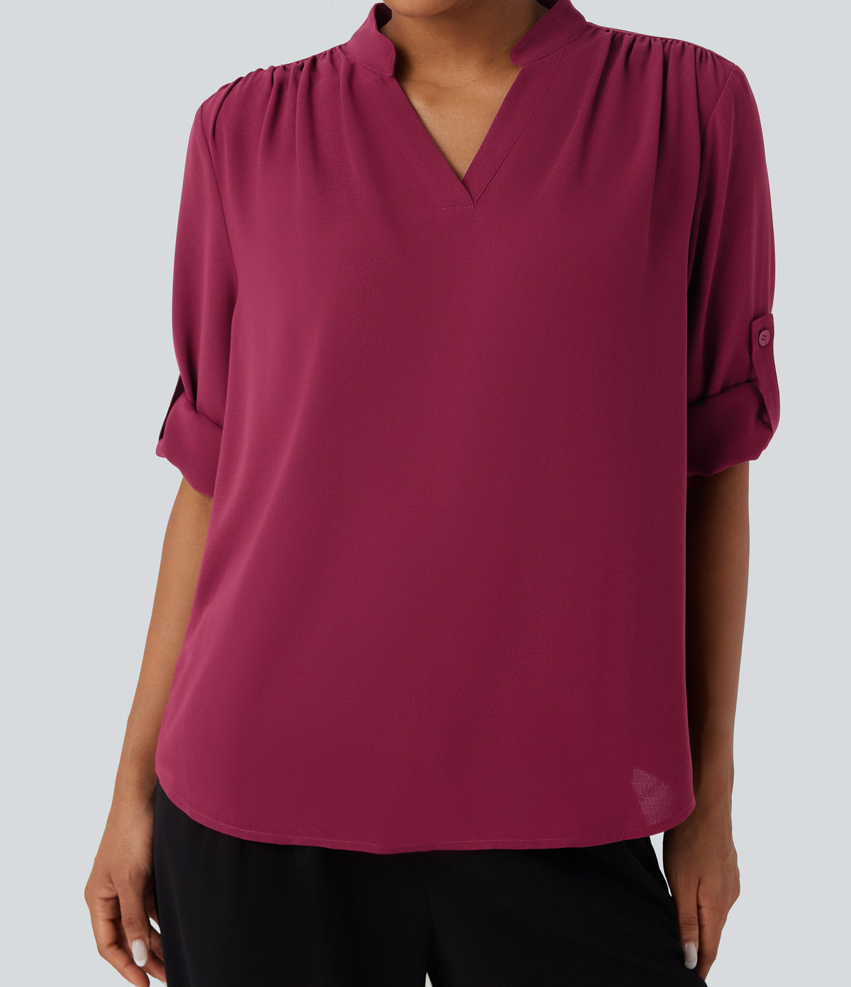 V Neck Long Sleeve Curved Hem Work Shirt — Beet Red — view 5