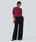 V Neck Long Sleeve Curved Hem Work Shirt — Beet Red — view 7