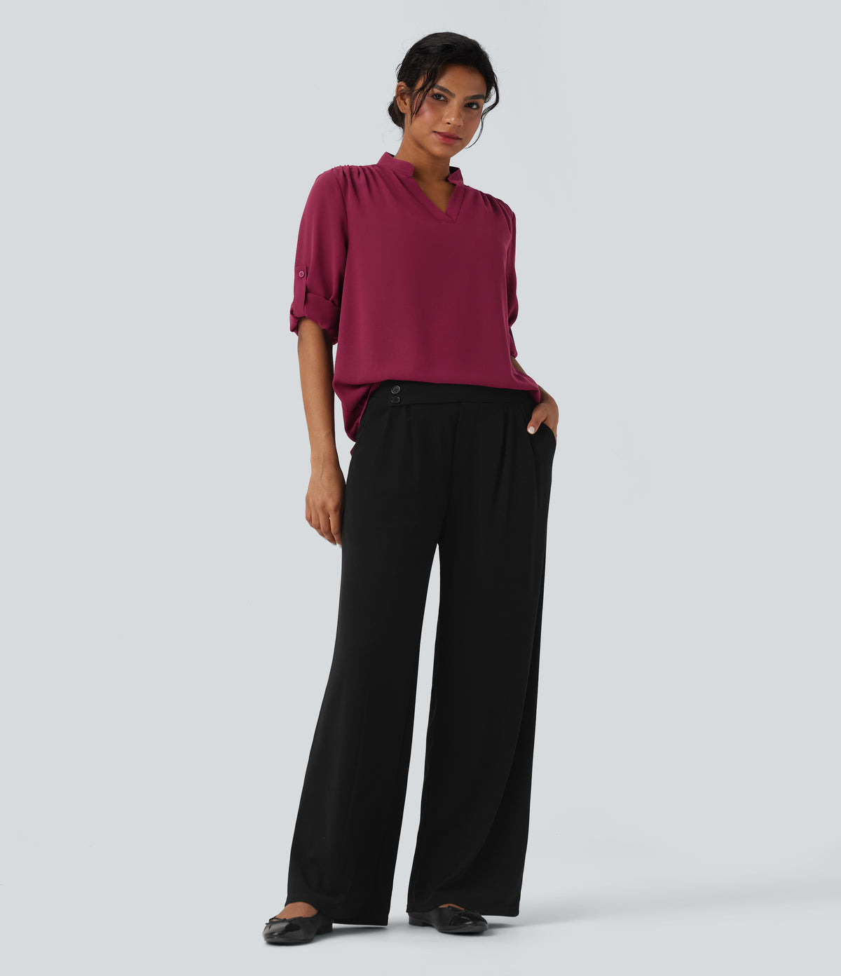 V Neck Long Sleeve Curved Hem Work Shirt — Beet Red — view 7