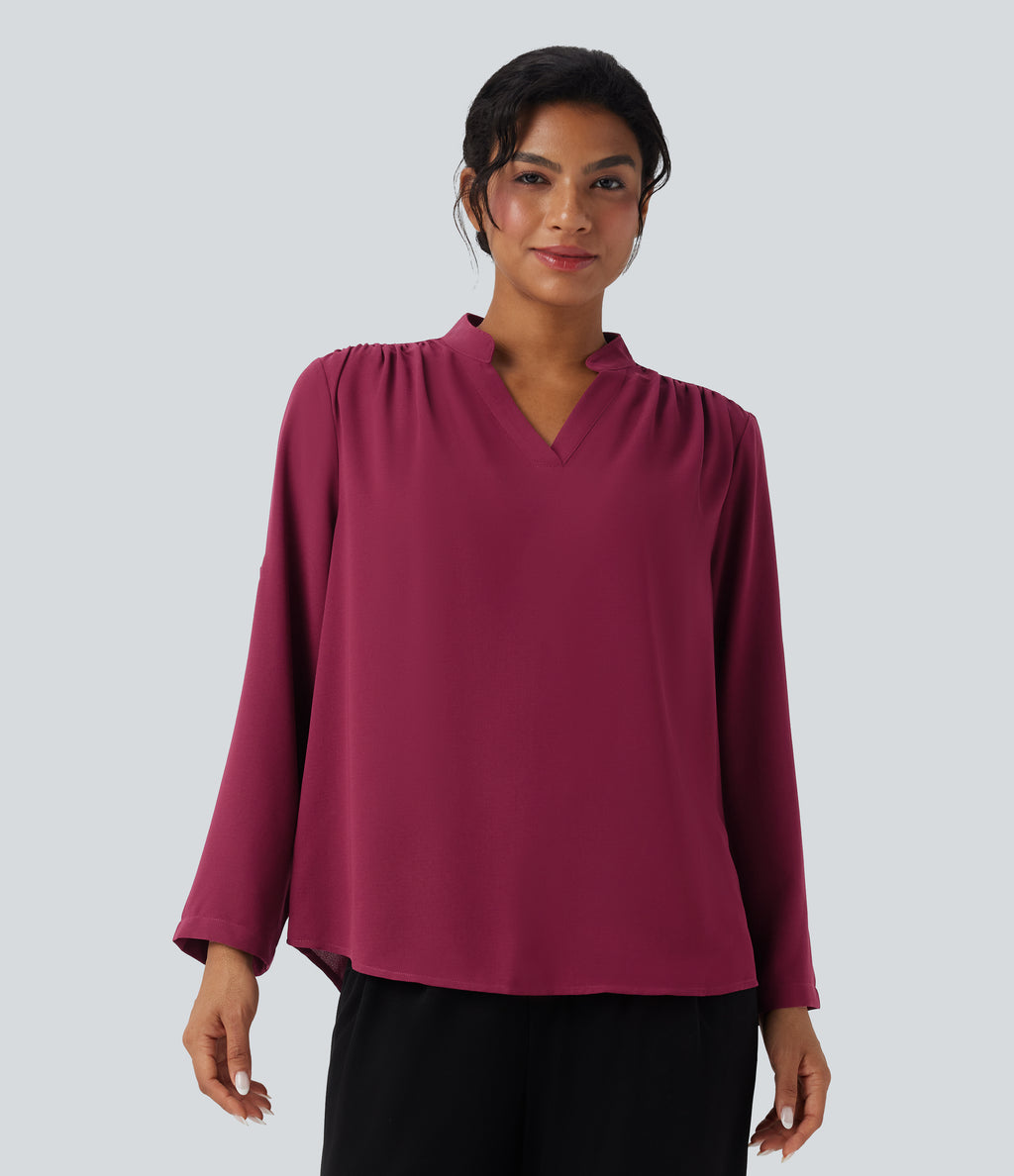 V Neck Long Sleeve Curved Hem Work Shirt — Beet Red — view 6