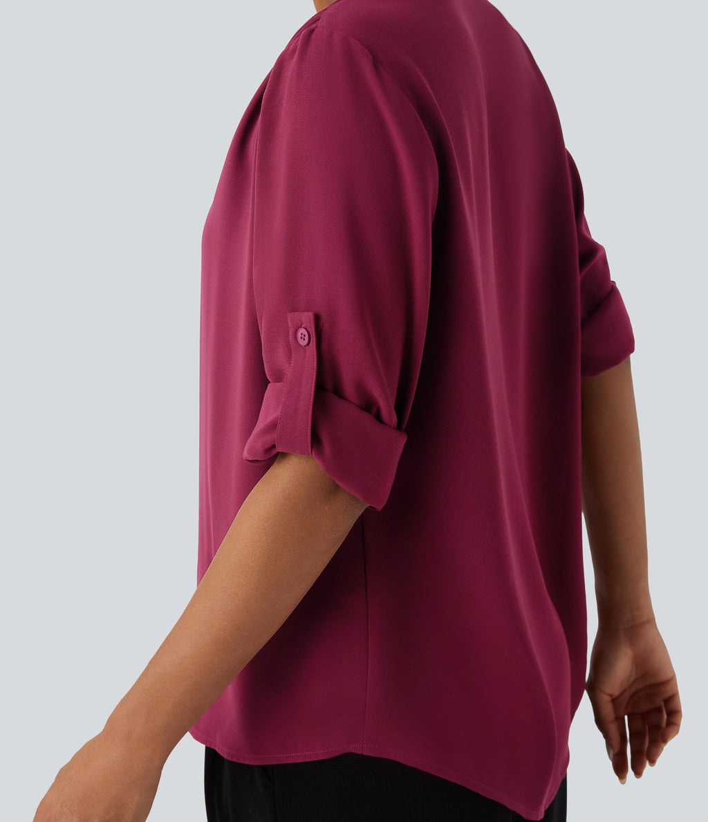 V Neck Long Sleeve Curved Hem Work Shirt — Beet Red — view 4