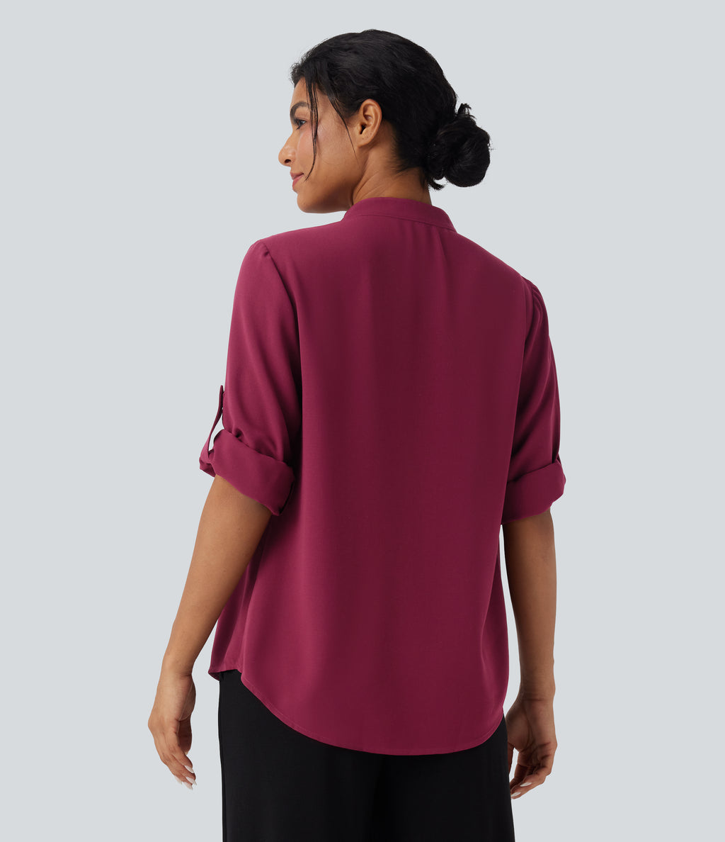 V Neck Long Sleeve Curved Hem Work Shirt — Beet Red — view 2