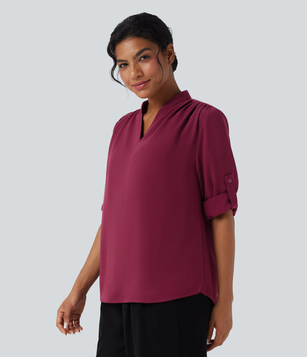 V Neck Long Sleeve Curved Hem Work Shirt — Beet Red — view 3