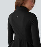 Stand Collar Zipper Thumb Hole Ruffle Hem Slim Jacket with Pockets — Black — view 6