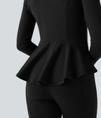 Stand Collar Zipper Thumb Hole Ruffle Hem Slim Jacket with Pockets — Black — view 7