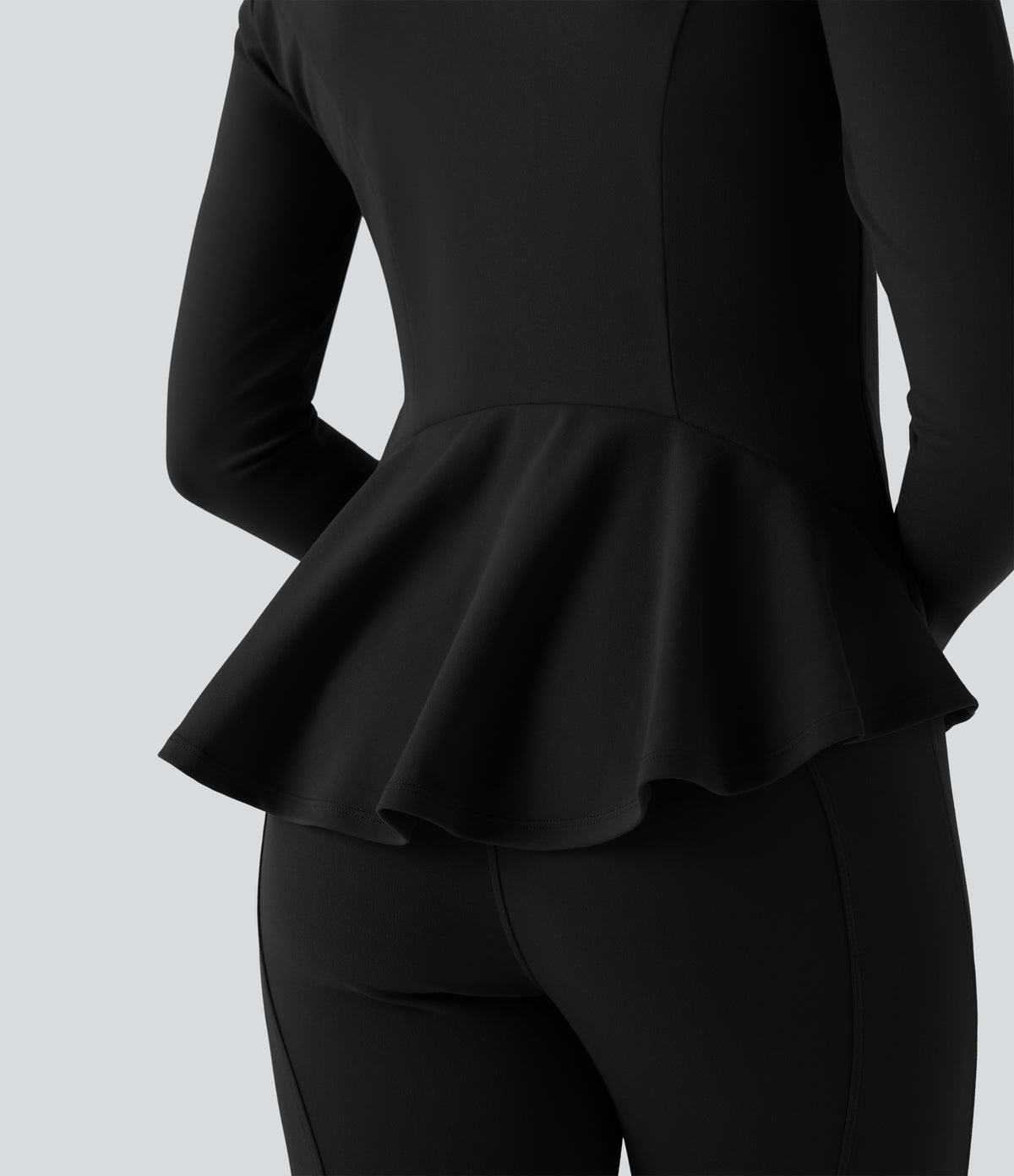 Stand Collar Zipper Thumb Hole Ruffle Hem Slim Jacket with Pockets — Black — view 7