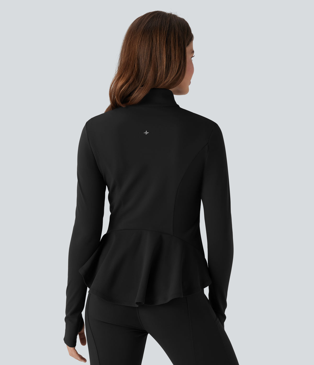Stand Collar Zipper Thumb Hole Ruffle Hem Slim Jacket with Pockets — Black — view 1