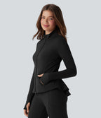 Stand Collar Zipper Thumb Hole Ruffle Hem Slim Jacket with Pockets — Black — view 2