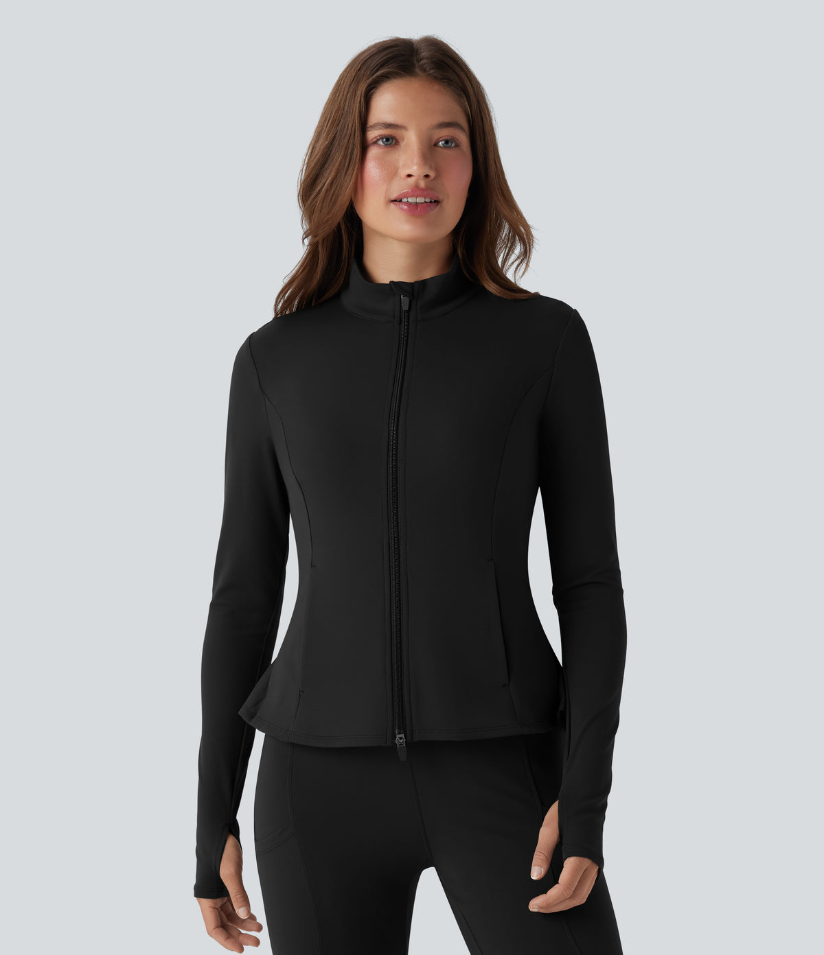 Stand Collar Zipper Thumb Hole Ruffle Hem Slim Jacket with Pockets — Black — view 3