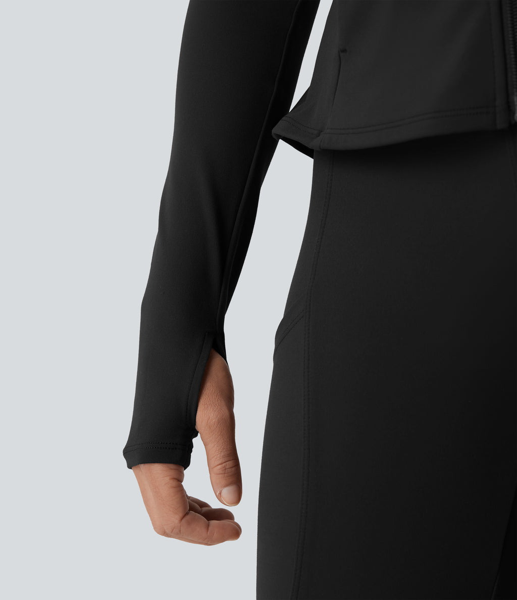 Stand Collar Zipper Thumb Hole Ruffle Hem Slim Jacket with Pockets — Black — view 8
