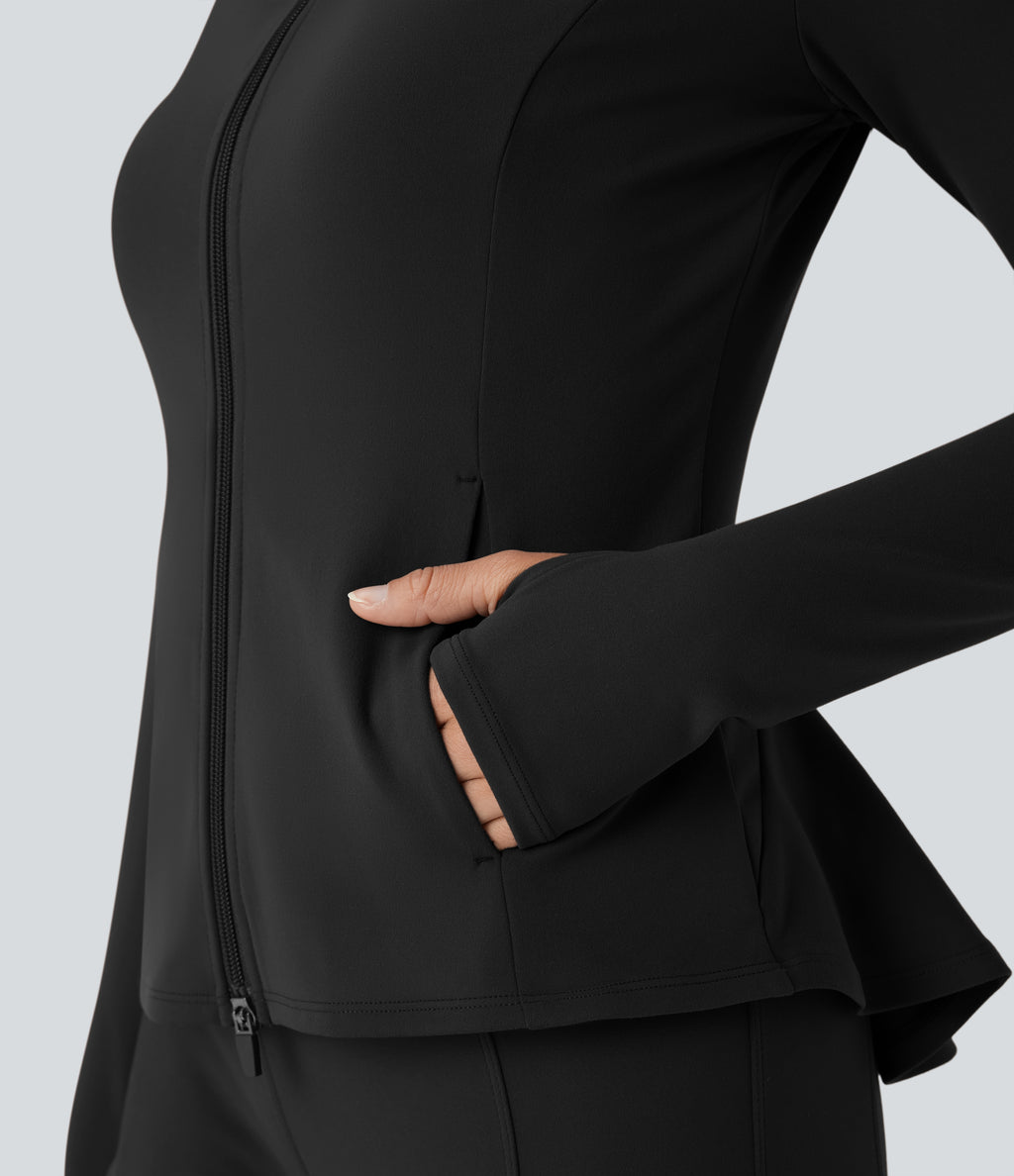 Stand Collar Zipper Thumb Hole Ruffle Hem Slim Jacket with Pockets — Black — view 5