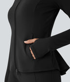 Stand Collar Zipper Thumb Hole Ruffle Hem Slim Jacket with Pockets — Black — view 5