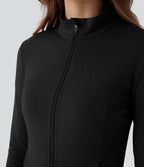 Stand Collar Zipper Thumb Hole Ruffle Hem Slim Jacket with Pockets — Black — view 4