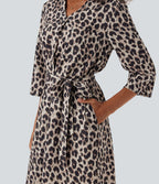 Roll Up Sleeve Belted Leopard Print Casual Shirt Dress with Pockets — Gold Leopard Print — view 6