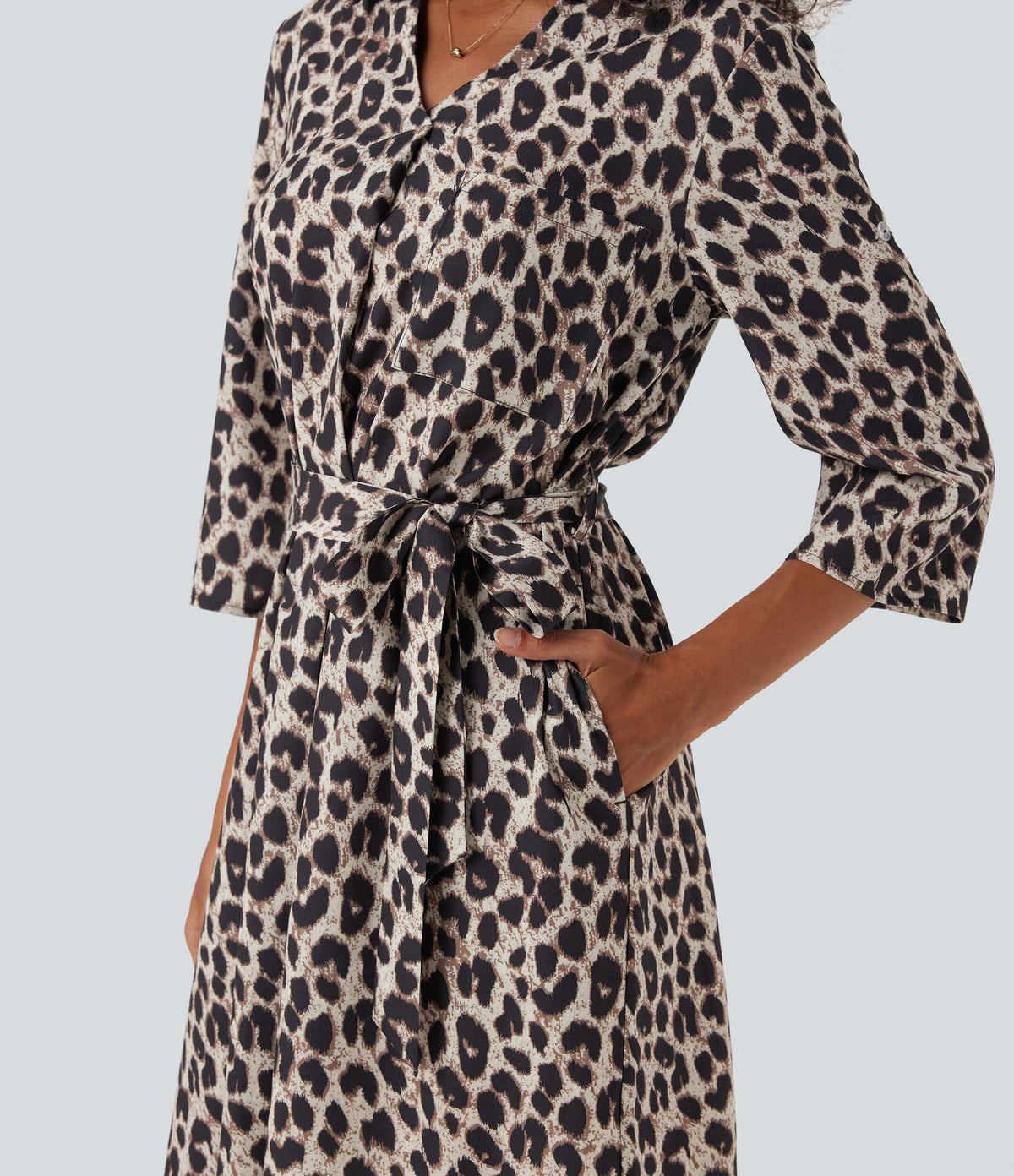 Roll Up Sleeve Belted Leopard Print Casual Shirt Dress with Pockets — Gold Leopard Print — view 6