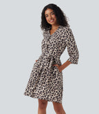 Roll Up Sleeve Belted Leopard Print Casual Shirt Dress with Pockets — Gold Leopard Print — view 1
