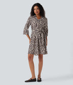 Roll Up Sleeve Belted Leopard Print Casual Shirt Dress with Pockets — Gold Leopard Print — view 7