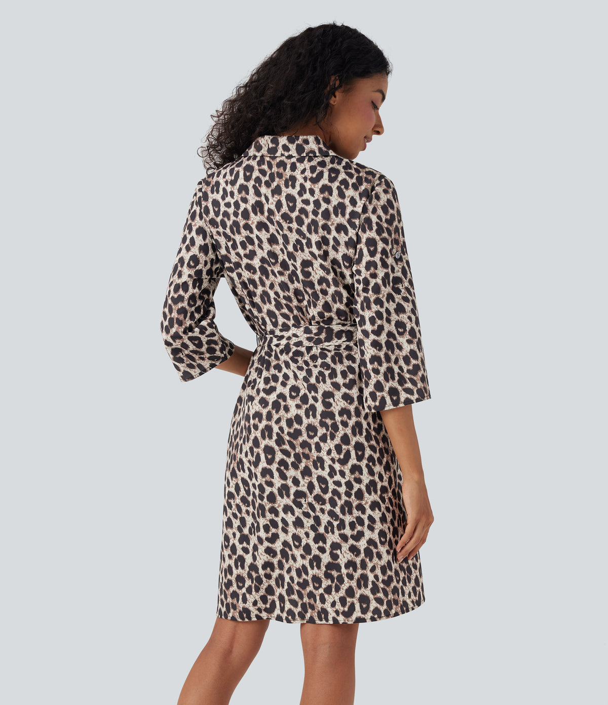 Roll Up Sleeve Belted Leopard Print Casual Shirt Dress with Pockets — Gold Leopard Print — view 2
