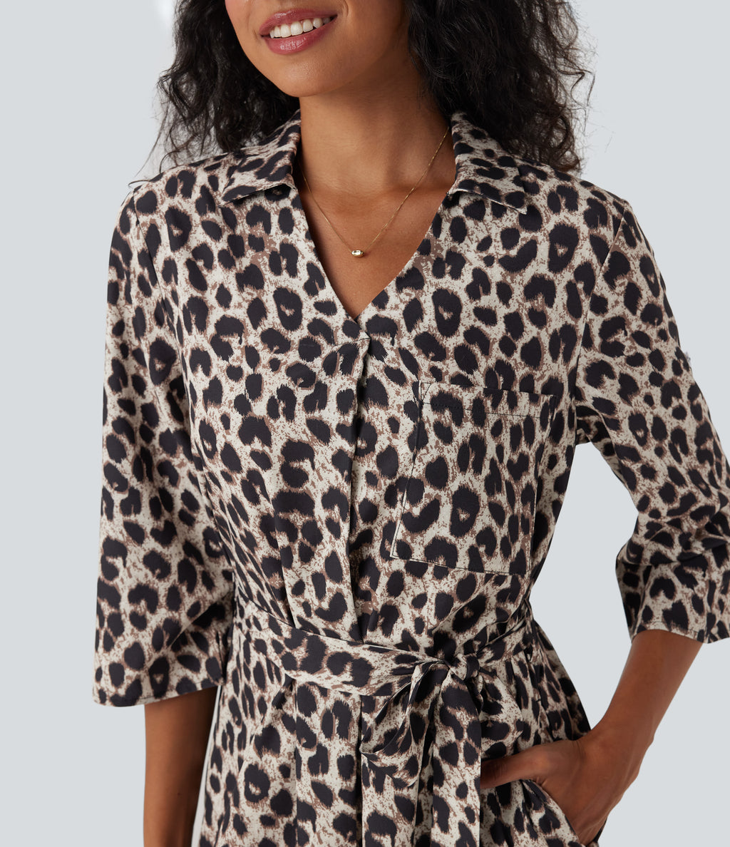 Roll Up Sleeve Belted Leopard Print Casual Shirt Dress with Pockets — Gold Leopard Print — view 4