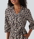 Roll Up Sleeve Belted Leopard Print Casual Shirt Dress with Pockets — Gold Leopard Print — view 4