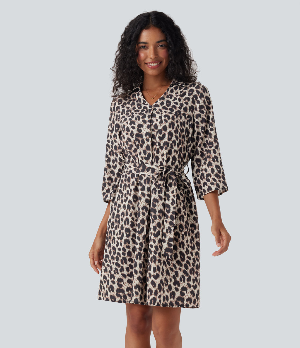 Roll Up Sleeve Belted Leopard Print Casual Shirt Dress with Pockets — Gold Leopard Print — view 3